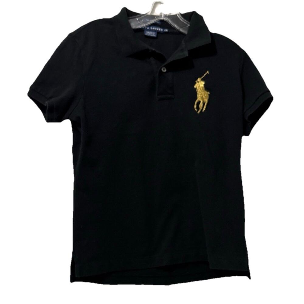 Ralph Lauren Big Pony Shirt Boy's Size Large - Black Skinny Polo With Gold Pony